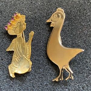 Gold Tone Angel and Goose Brooch Pins with Pink Rhinestones